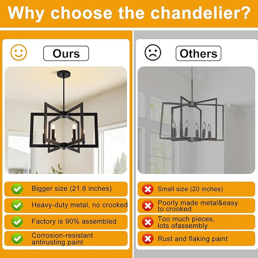 21.6" Black Chandelier for Dining Room, 6-Light Geometric Farmhouse Dining Room Fixture, Modern Foyer Lighting Fixtures, Industrial Hanging Pendant Lights for Kitchen Island, Living Room, Entryway