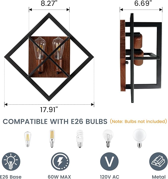 Farmhouse Wall Sconce with Black Finish & Wood Grain,Rustic Wall Sconces Indoor Wall Light Fixtures 17.8in for Stairway, Living Room, Bedroom, Bathroom (2 Light,E26 Base, No Bulbs)