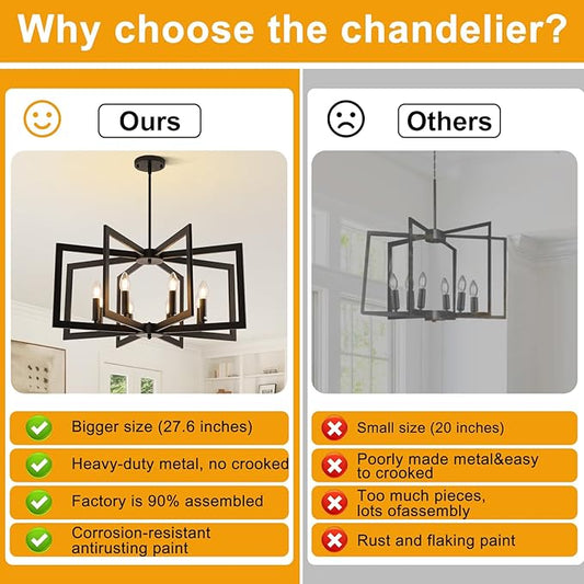 27.6"Modern Black Chandelier for Dining Room, 8-Light Easy To Install Farmhouse Dining Room Light Fixture Over Table, Industrial Hanging Pendant Lights for Kitchen Island, Living Room, Foyer, Entryway