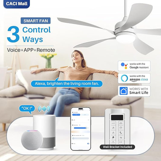 CACI Mall 52 inch Smart Ceiling Fan with Lights, Remote Control, Compatible with Alexa/Google/App, 5 Blades, Dimmable Lighting, Quiet, Indoor/Outdoor Ceiling Fans for Living Room, Bedroom, Patios