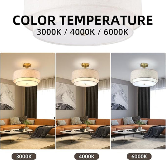 16" Semi Flush Mount Ceiling Light Fixture,Modern Close to Ceiling Light, 3-Lights Gold Drum Ceiling Light with Linen Fabric Shade for Bedroom Living Dining Room Hallway Entryway Foyer
