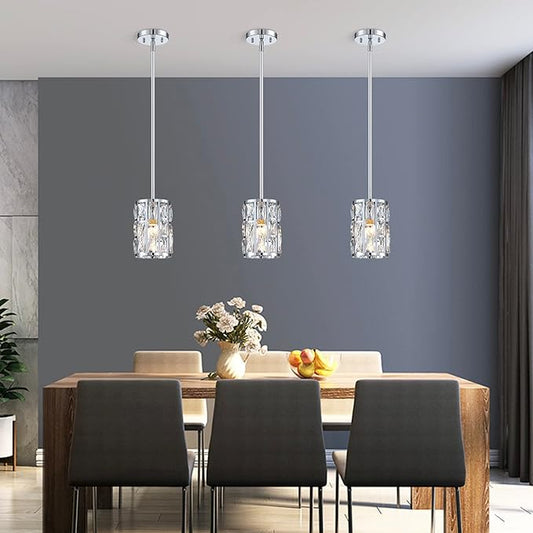 MEXO Modern Crystal Pendant Light Fixture 3-Pack Chrome Finish Hanging Lighting Crystal Chandelier for Kitchen Island