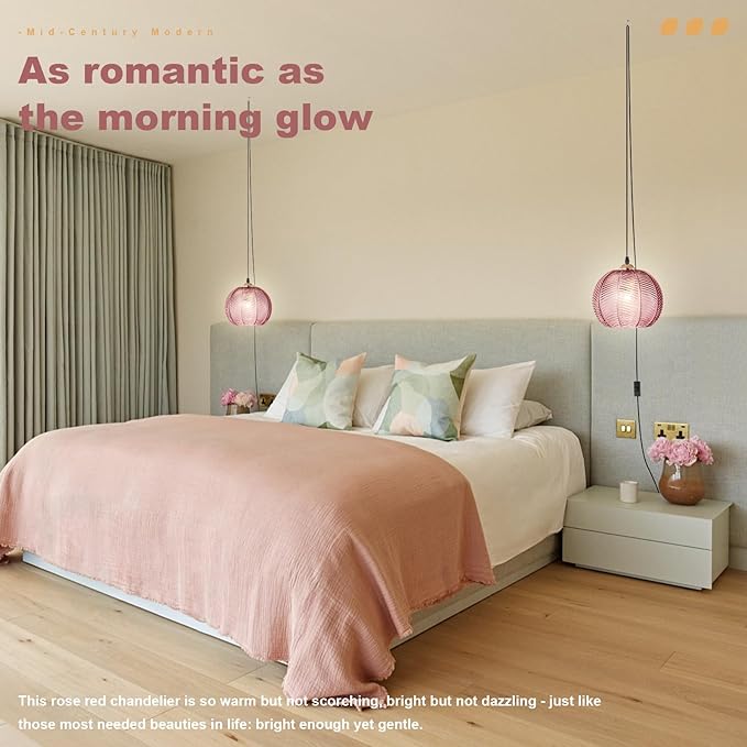 Hanging Lamp Pink Glass Pendant Light Plug in Chandelier with 14.76Ft Long Cord Boho Hanging Light Fixture Mid Century Modern Swag Lamp for Bedroom Girls Room Nursery Living Room