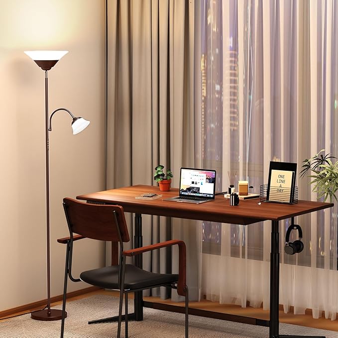 SIBRILLE 2-in-1 Torchiere Floor Lamp, 34W Super Bright LED Standing Lamp with Remote & Touch Control, 72" Dimmable Adjustable Corner Reading Lamp for Living Room, Bedroom, Office, Brown