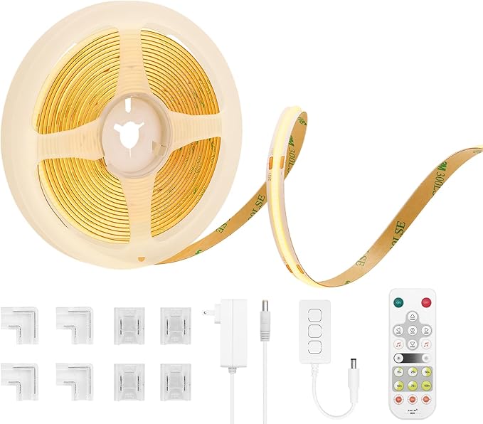 COB Smart LED Strip Light - 16.4ft/5m 2700K Warm White 24V Dimmable Strip Light with Remote High-Density 2400LEDs CRI90+ Compatible with Alexa/Google Assistant Cuttable Tape for Bedroom Wardrobe