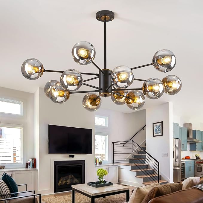 DDLLDESHI 2 Tiered Modern Gold Chandelier Sputnik Ceiling Light Fixture with 12 Globe Glass Bubble Shade Chandeliers for Dining Room Hotel Bar Home Billiard Room (41" Large Black Chandelier)