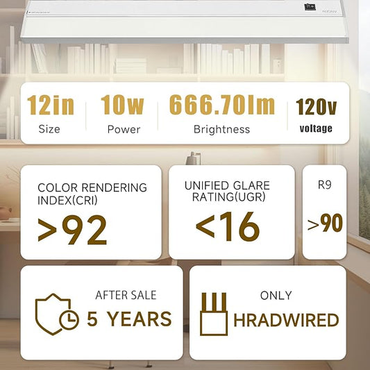 Ansen Hardwired Under Cabinet Lighting, 12in 10W LED Light for Kitchen/Closet, 666.7lm, CRI>92, R9>90, Dimmable, 5 Color Temperature, 2700K-5000K(Warm White, Cool White, Daylight)