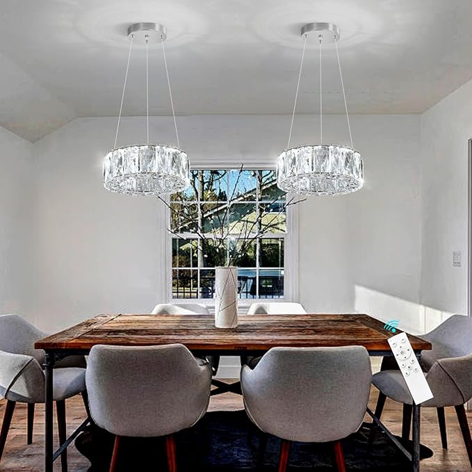 HAIXIANG Modern Crystal Chandelier Dimmable LED 8 Inch Ring Pendant Lights Adjustable Glam Chandeliers Lighting Fixtures for Dining Room Living Room Bedroom Silver Light