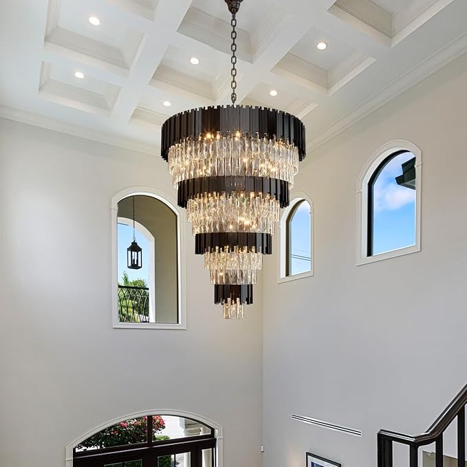 11-Tier K9 Crystal Chandelier, 32" Modern Black Adjustable Height Pendant Light, Luxury Round Chandeliers for High Ceiling, Foyer, Staircase, Entryway, Two-Story Living Room