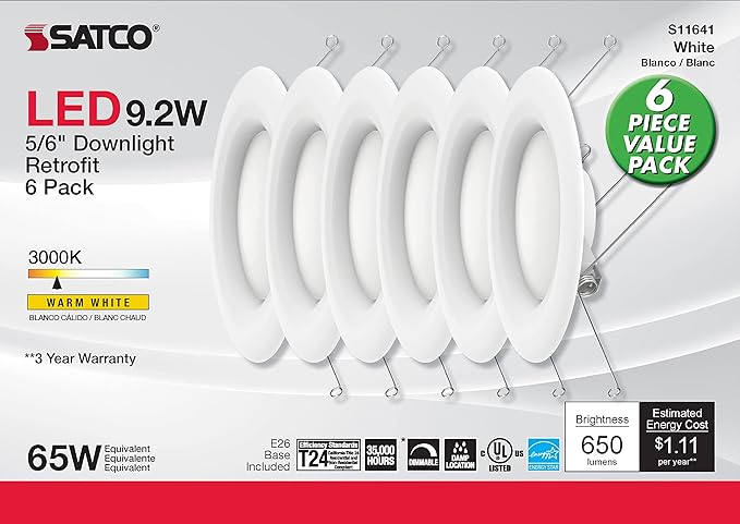 Satco S11641 9.2W LED Recessed Downlight Retrofit Value Pack, 5-6 Inches, White, 6-Pack