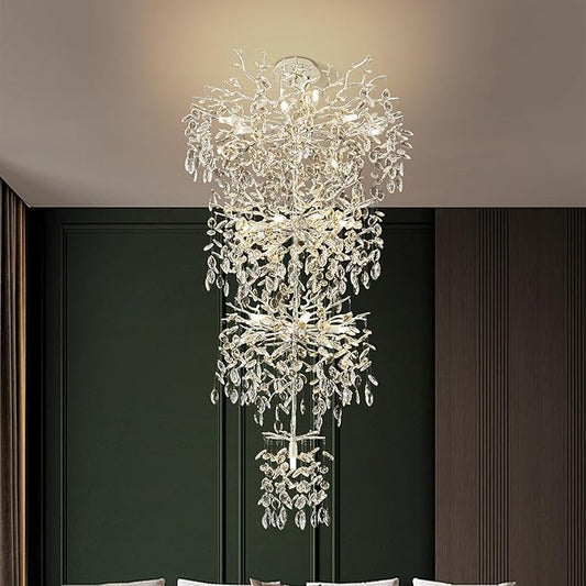 Modern Tree Branch Crystal Chandelier 91" Sliver Luxury Large Pendant Lighting 25-Light Contemporary K9 Crystal Chandeliers for Dining Room Kitchen Living Room Foyer Entryway (Sliver, H91"-Round)
