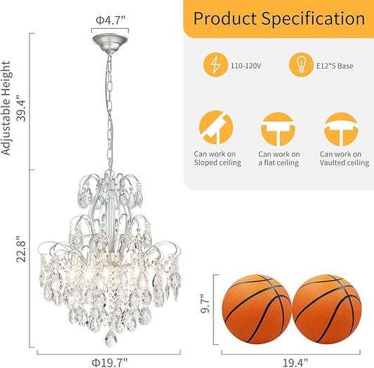 WUZUPS 5-Light Crystal Candle Chandelier Pendant Ceiling Modern Lighting Fixture for Bedroom Hallway Bar Kitchen Bathroom, H 22.8" W19.7, E12 Base, Silver