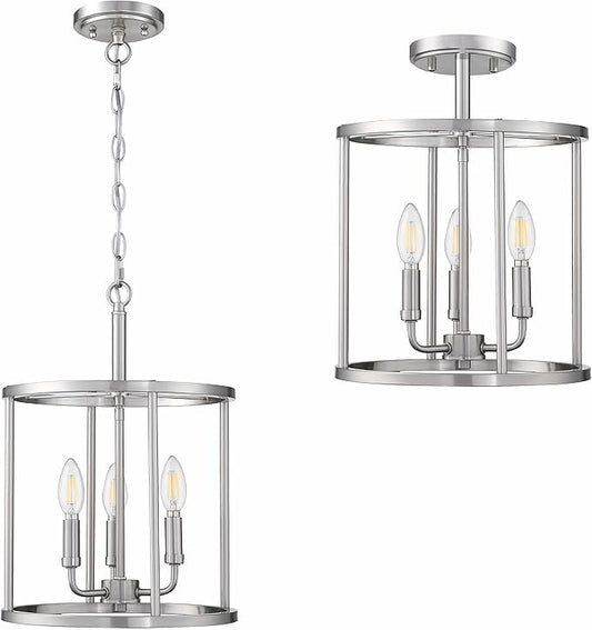 3-Light Hanging Lantern Pendant Light Fixture Brushed Nickel Finish Geometric Chandelier Adjustable Chain Metal Cage Pendant Lighting for Kitchen Island Dining Room Foyer
