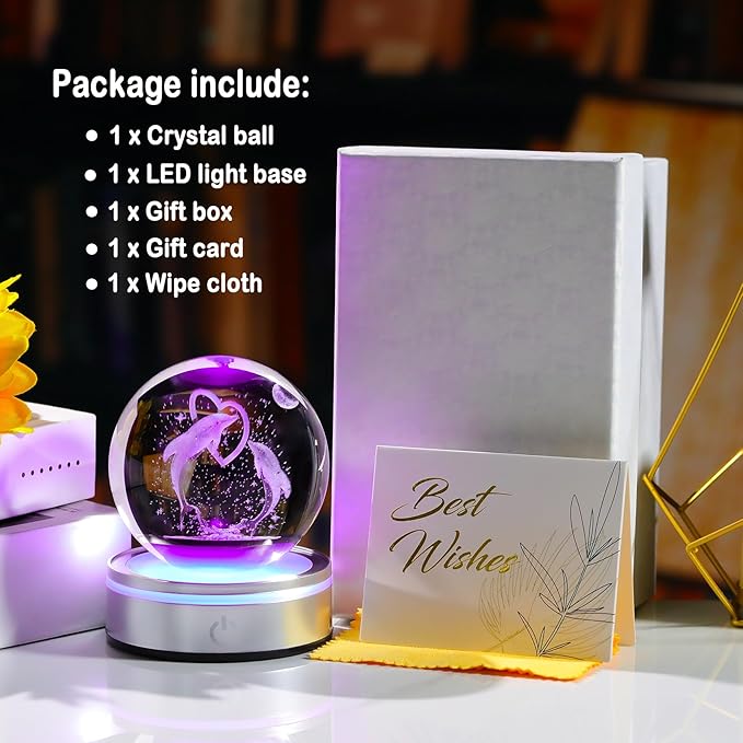 Crystal 3D Dolphins 3.15in Ball Figurine Gifts for Women, Collectible Glass Animal Art for Room with LED Light Base Keepsakes for Dolphin Lovers Home Decor Paperweight