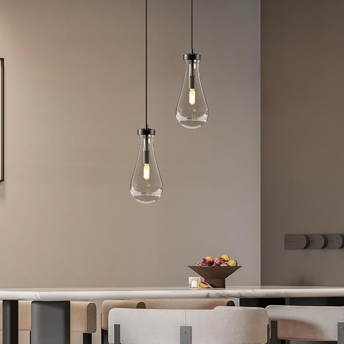 Raindrop Pendant Lights Kitchen Island: Modern Black Teardrop Hanging Light for Bathroom - 2 Lights Crystal Pendants Light over Dining Table - Brass matte lamps Fixture for Bedroom Bulbs Included