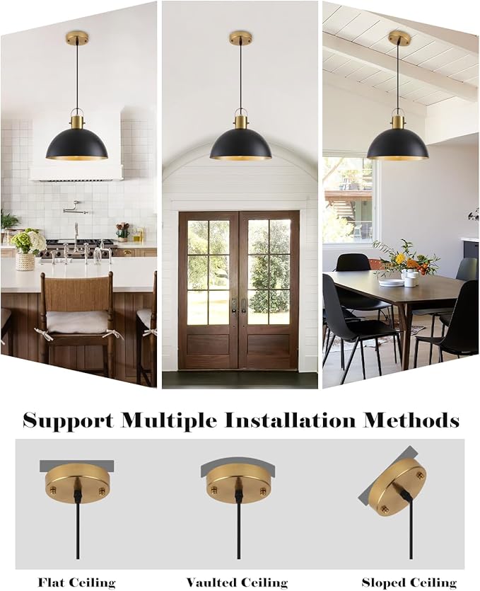Black and Gold Pendant Light 2 Pack, 11.8 Inch Pendant Lights Kitchen Island, Dome Pendant Lights, Farmhouse Pendant Light for Kitchen Island, Dining Room, Living Room