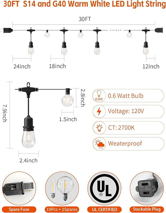 Bistro Lights Outdoor 30FT, Cafe Patio String Lights with Shatterproof LED Bulbs, Warm White Waterproof Plug-in Hanging Lights for Pergola, Balcony, Backyard Party and Deck Decor