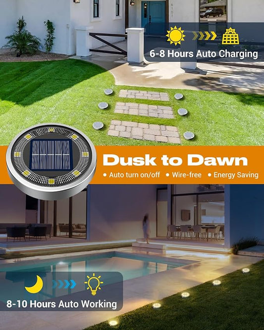btfarm 30 Pack Solar Lights Outdoor, 8 LED Solar Ground Lights IP65 Waterproof Flat Solar Disc Light, Pathway Lights for Garden Lawn Patio Yard Path Landscape, Warm White