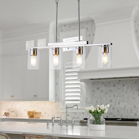 WILON Kitchen Island Lighting, 4 Lights Nickel Sand Linear Chandeliers Modern Farmhouse Chandelier with Glass Shades for Kitchen Island Living Dining Room Foyer Bedroom(Brushed Nickel,4 Lights)