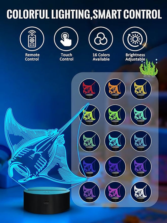 Lampeez Manta Ray 3D Night Light for Kids, LED 16 Colors Remote Control Changing Touch Dimmable Table Desk Lamp, Cute Animal Gifts for Manta Ray Lovers Animal Fans