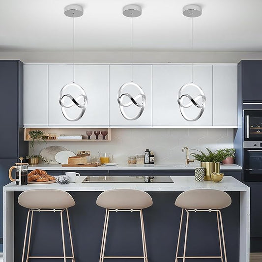 Modern LED Pendant Light Fixtures 5500K Pendant Lights Kitchen Island Lighting Adjustable Height Chrome Hanging Lamp for Dining Room Bedroom Living Room,3 Packs