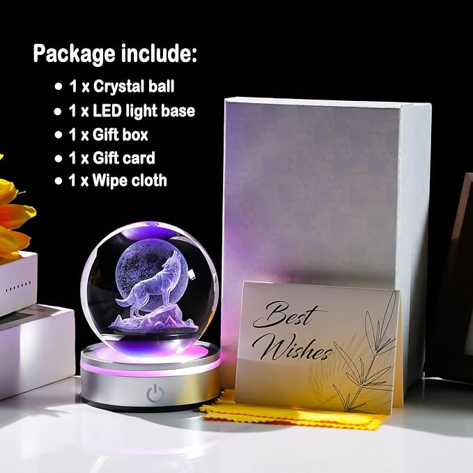 Arikyrist Crystal 3D Wolf 3.15in Ball Figurine Gifts for Men, Collectible Glass Animal Art Sphere for Room with LED Light Base Keepsakes for Wolves Lovers Home Decor Paperweight