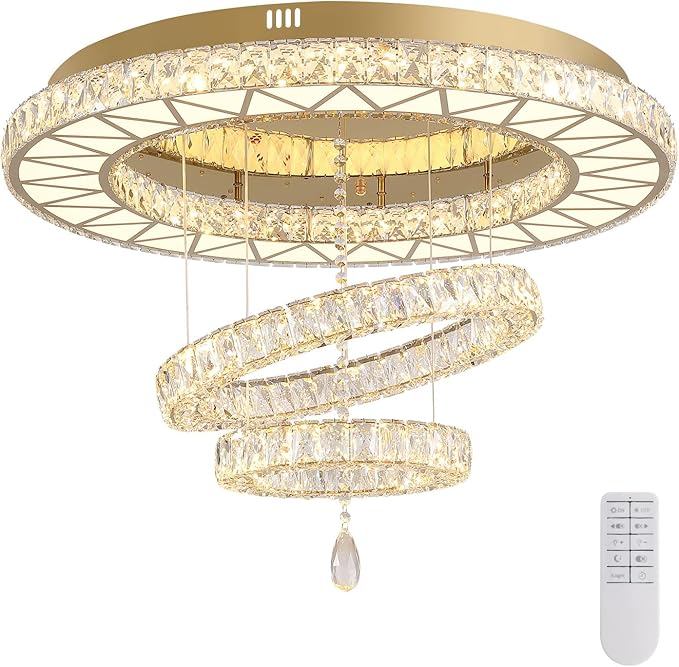Siljoy 32" Gold Crystal Chandeliers, 3 Rings LED Flush Mount Ceiling Light, Dimmable Foyer Chandeliers for Living Room Dining Room Staircase, D12-18-32"