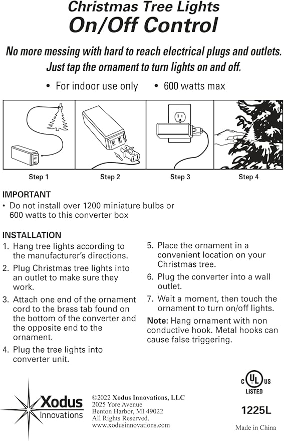 Xodus Innovations 1225L Tree On/Off Touch Control Ornament For Christmas Tree Lights, Brass,White