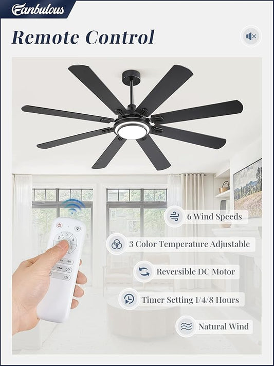 Fanbulous 65 Inch Ceiling Fans with Lights and Remote, Black Ceiling Fan with 8 Dual-Color Blades, Indoor/Outdoor Large Ceiling Fans, Reversible DC Motor, 6-Speed, 3CCT for Living Room Kitchen Patio