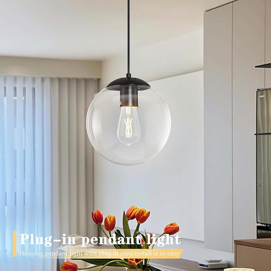 KoKo&Yukina 10" Globe Pendant Light Black Plug in Pendant Light Adjustable Hanging Lights with Plug in Cord Matte Black Finished with Clear Glass Lampshade for Bedroom Kitchen Island(Bulb Included)