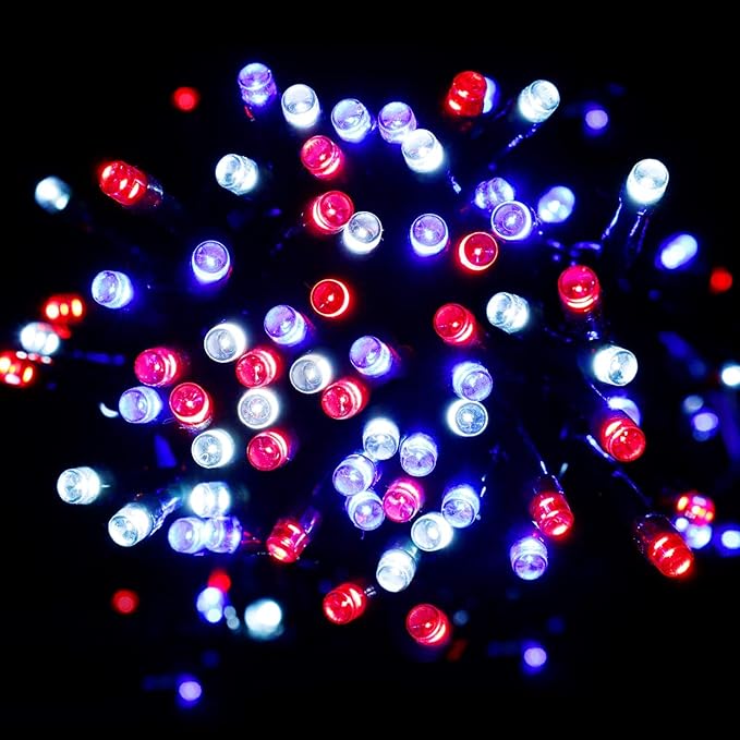 Pooqla 200 LED 66 FT 4th of July Decoration Lights, Red White Blue Lights Patriotic String Lights, Outdoor Independence Day Fairy Lights 8 Modes Connectable for Home Yard Patio Decoration, Green Wire