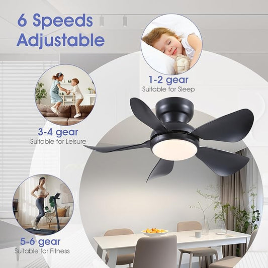 Kviflon 32 Inch Modern Ceiling Fans with Lights, Small Flush Mount Ceiling Fan with Light and Remote/APP Control, 5 Reversible 6 Speeds Curved Blades, 3 CCT Dimmable Lights for Bedroom, Black