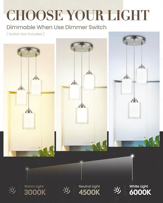 TENGXIN 3 Light Pendant Lights, Kitchen Island, Bedroom Modern Farmhouse Pendant with Dual Glass Shade, Brushed Nickel