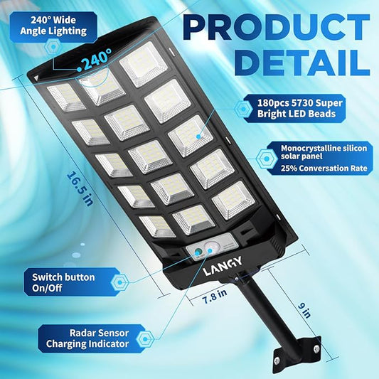 LANGY Solar Street Lights Outdoor Waterproof, 6500K Dusk to Dawn Motion Sensor with Remote Control, LED Security Light for Outside Garden Yard Parking Lot, Flood Lights, 2 Pack