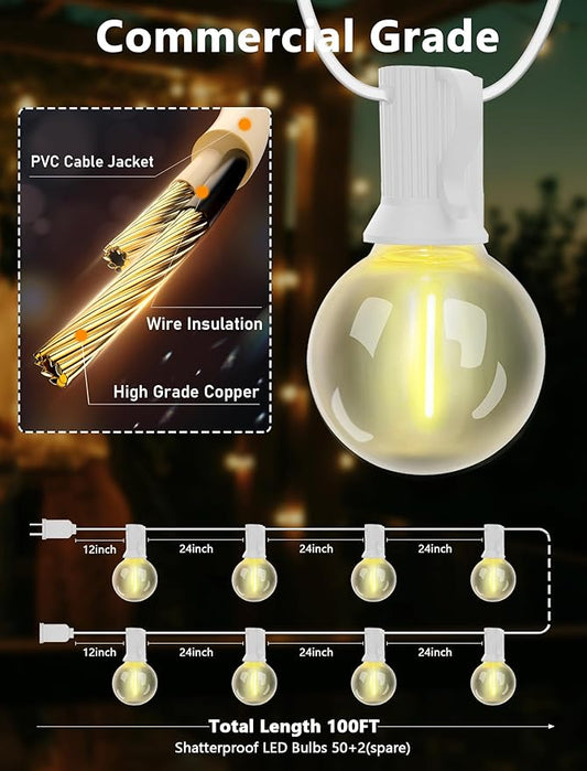 Outdoor String Lights - 100 Ft Waterproof Connectable Commercial LED Patio Lights with 50 G40 Shatterproof Bulbs, Hanging Globe Light for Outside Backyard Porch Party Decoration