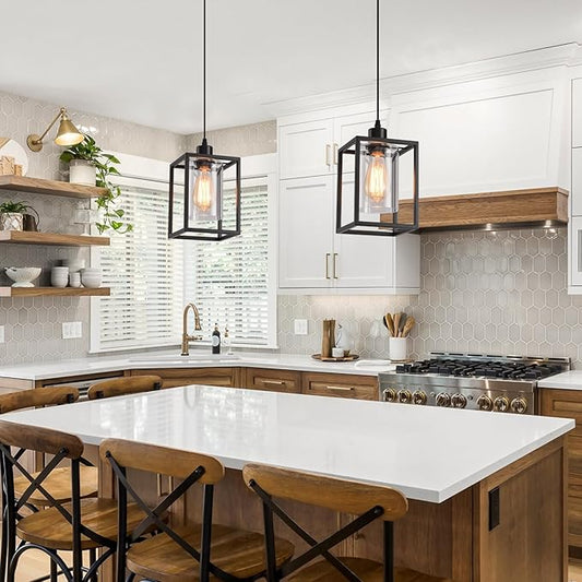 Black Pendant Lights for Kitchen Island Industrial Lantern Pendant Light Fixtures with Clear Glass Shade, Farmhouse Adjustable Height Hanging Pendant Lighting