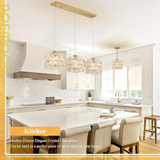 3-Lights Flower Glass Pendant Light for Kitchen Island Modern Gold Linear Chandelier Adjustable Ceiling Pendant Lighting for Bar Dining Room Living Room