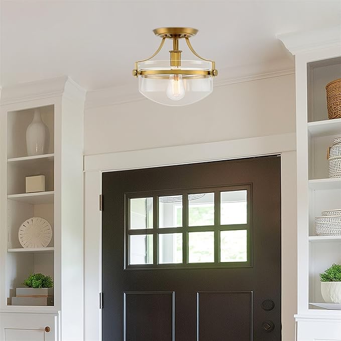 Kira Home Zurich 12" Modern Industrial Gold Semi-Flush Mount Ceiling Light with Clear Glass Schoolhouse Bowl Shade, Warm Brass Finish