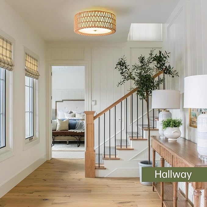 Boho Rattan Ceiling Light 15.7" Flush Mount Ceiling Light 3-Light Rattan Light Fixture, Bohemian Semi Flush Mount Ceiling Light Bedroom Ceiling Light for Dining Room Hallway Entryway Foyer