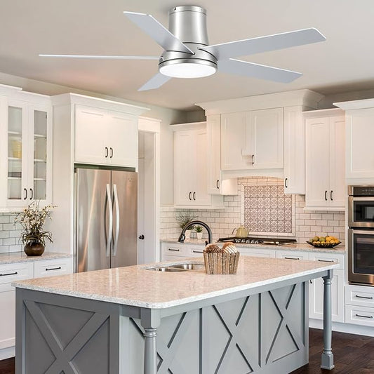 52 Inch Ceiling Fans with Lights and Remote, Flush Mount Nickel Ceiling Fan for Bedroom Living Room Indoor/Outdoor, Quiet 6 Speed Reversible DC Motor, 3CCT, Dual Color 5 Blades, ETL Listed