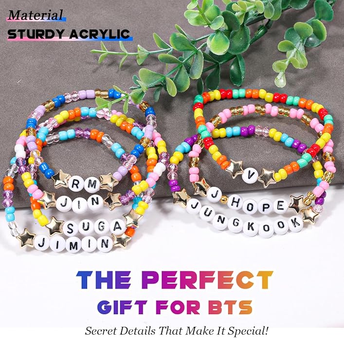 AICase for BT Merch Gifts Toys Inspired Bracelets Birthday Decorations 7 Pcs Stackable Stretch Beaded Friendship Bracelets Costume Cosplay Merchandise Gifts for Fans Women Christmas Stocking