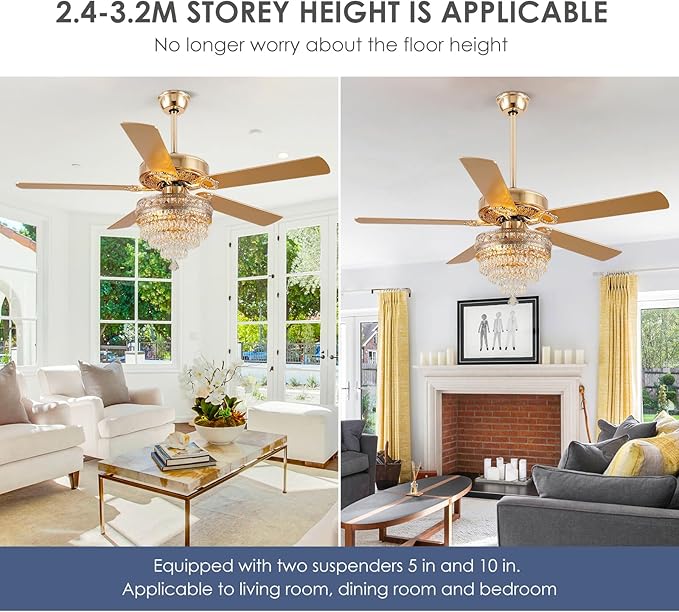 52“Crystal Ceiling Fan Fandelier with Lights - Modern Golden Crystal Chandelier Fans with Remote Control,Retro/Farmhouse Lighting, Dining Room,Living Room Ceiling Fan Light with Noiseless DC Motor