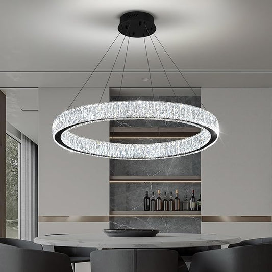 Modern LED Dimmable Crystal Chandelier 31.5" Ring Pendant Light Adjustable Black Round Crystal Chandelier Light Fixtures for Dining Room Living Room