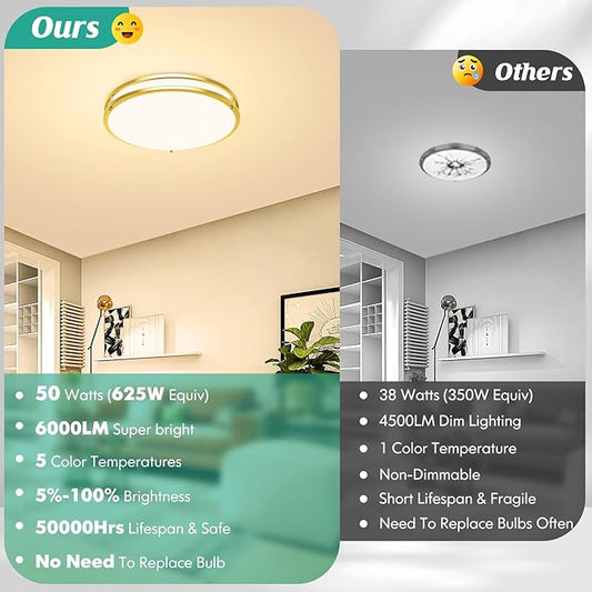 16 Inch LED Flush Mount Ceiling Light Fixture, Dimmable 5CCT Selectable 2700K Warm White-6500K Super Bright Daylight White, 50W 6000LM Round Gold Ceiling Lamps for Living Room Bedroom Kitchen, 2 Packs