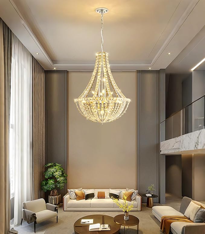 Luxury Large Empire Chandelier High Ceiling Crystal Chandeliers for Foyer Gold Light Fixture for Staircase Living Room E12 Bulbs Required