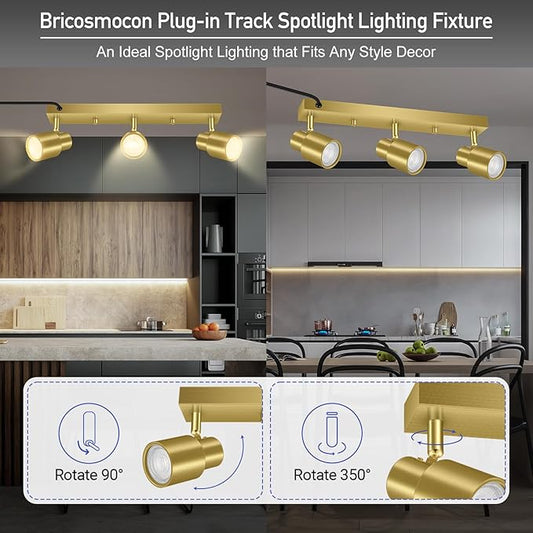 Plug-in Track Lighting LED, Track Light Fixtures Ceiling Kit, 15.7" Gold 3 Way Wall Lights for Kitchen, Plug in Ceiling Light with 14.8ft Power Cord,Rotatable Spotlight for Hallway(GU10 Base,No Bulb)