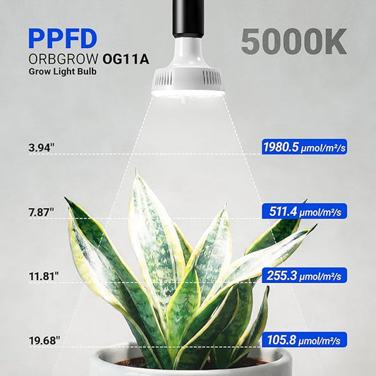 Barrina Orbgrow OG11A Grow Light Bulbs for Indoor Plants, Integrated Dimming & Timing, 5000K 44W(4 x 11W, 400 Watt Equiv), E26 Plant Light Bulb, Full Spectrum for Seeds and Greens, 4 Packs, White