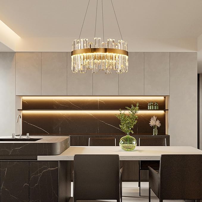 Gold Modern Crystal Led Chandelier: 19.7" Dimmable K9 Crystals Chandeliers over Table - Golden Luxury Round Drum Chandelier - Height Adjustable Sparkly Chandelier for Dining Room Living Room Bedroom