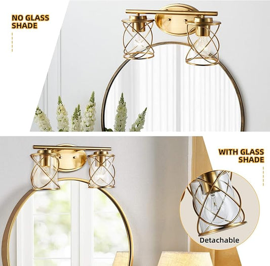 mavcadonf 2-Lights Bathroom Vanity Lights, Bathroom Light Fixtures Over Mirror, Brushed Gold Vanity Light, Farmhouse Wall Lights with Clear Glass Shade, Bathroom Wall Lamp for Mirror Kitchen Bedroom