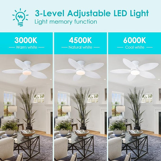 Surtime 46" White Ceiling Fans with RGB Lights - Flush Mount Ceiling Fan Light with LED 3CCT Dimmable, Tropical Palm Leaf Ceiling Fans for Indoor Party,Covered Outdoor